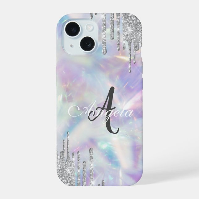 Modern Glitter Drips Holographic,Monogram  iPhone 15 Case (Back)