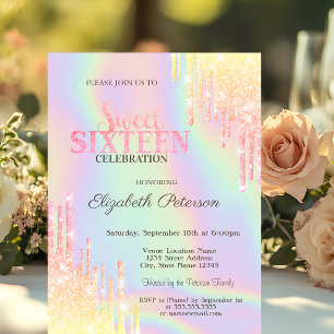 Modern Glitter Drips Holographic Sweet 16 Invitation