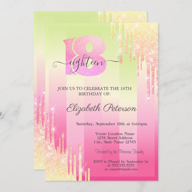 Modern Glitter Drips Ombre Stripes 18th Birthday  Invitation (Front/Back)