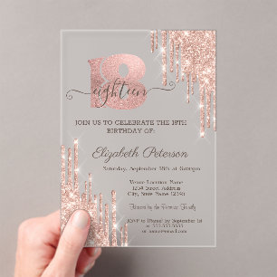 Modern Glitter Drips Rose Gold 18th Birthday  Acrylic Invitations