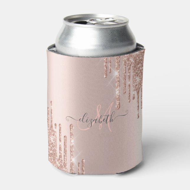 Modern Glitter Drips Rose Gold Monogram   Can Cooler (Can Front)