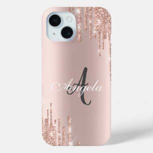 Modern Glitter Drips Rose Gold,Monogram iPhone 15 Case