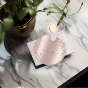 Modern Glitter Drips Rose Gold Monogram   Key Ring