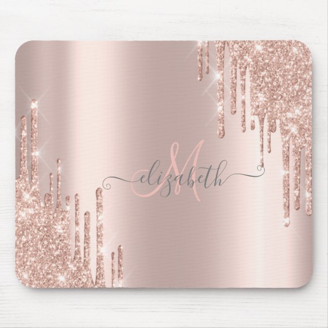 Modern Glitter Drips Rose Gold Monogram Mouse Pad (Front)