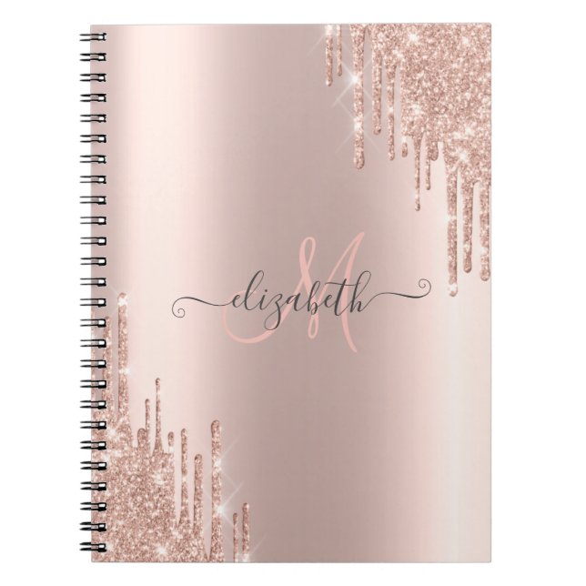 Modern Glitter Drips Rose Gold Monogram Notebook (Front)