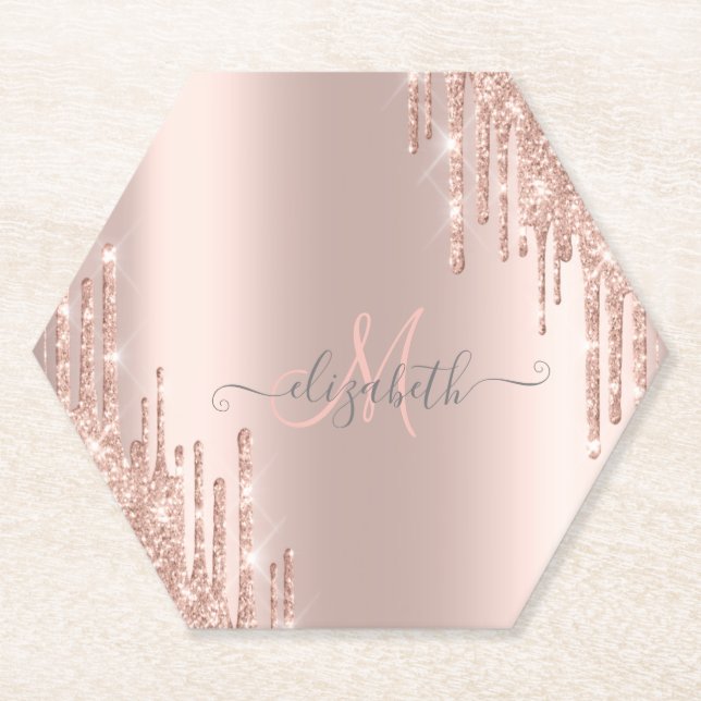 Modern Glitter Drips Rose Gold Monogram  Paper Coaster (Front)