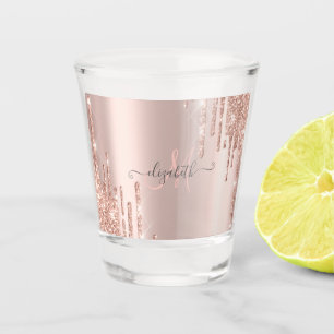 Modern Glitter Drips Rose Gold Monogram Shot Glass