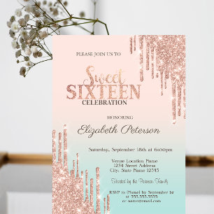 Modern Glitter Drips Rose Gold Ombre Sweet 16 Invitation