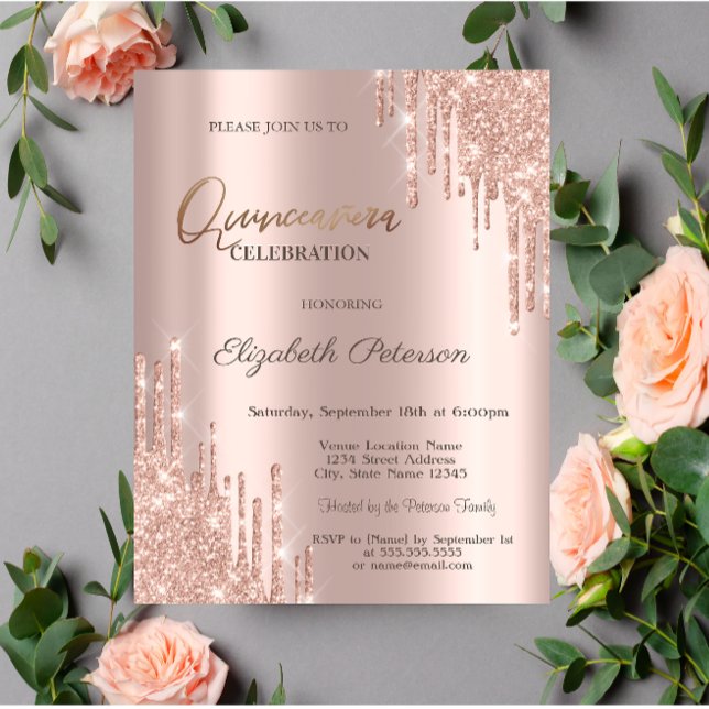 Modern Glitter Drips Rose Gold  Quinceañera Invitation (Creator Uploaded)