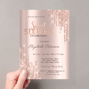 Modern Glitter Drips Rose Gold Sweet 16 Acrylic Invitations