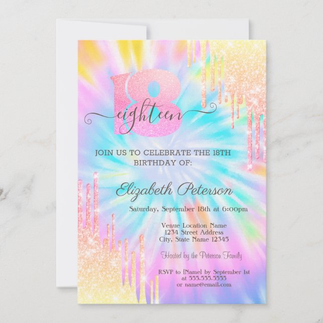 Modern Glitter Drips Tie Dye 18th Birthday  Invitation (Front)
