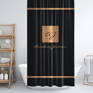 Modern glitter elegant monogrammed black gold shower curtain