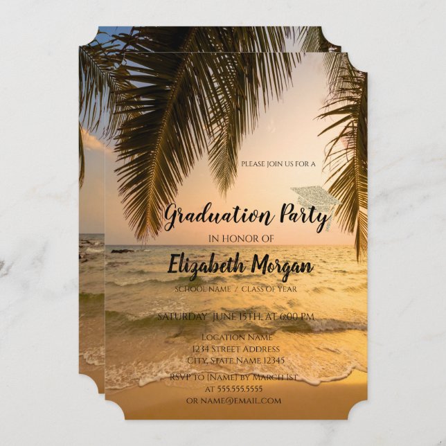 Modern Glitter Graduation Cap,Beach Palm Invitation (Front/Back)