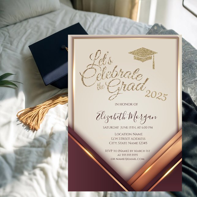 Modern Glitter Graduation Cap Burgundy Graduation Invitation (Creator Uploaded)