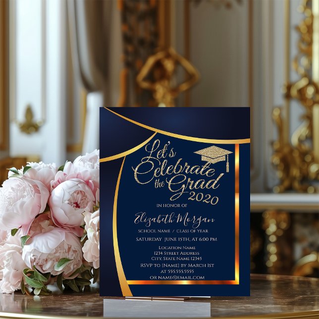 Modern Glitter Graduation Cap Navy Blue Graduation Invitation (Creator Uploaded)