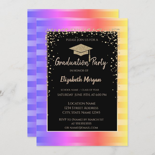 Modern Glitter Graduation Cap,Ombre Stripes Invitation (Front/Back)