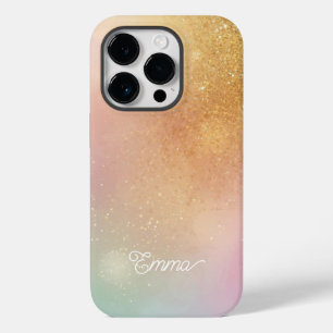Modern Glitter Holographic Gold with Name Case-Mate iPhone 14 Pro Case