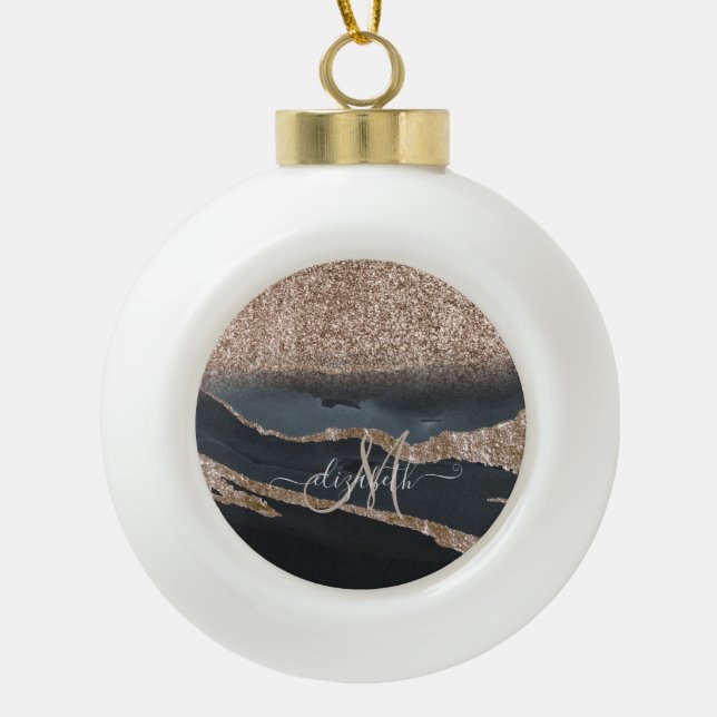 Modern Glitter Marble Monogram Ceramic Ball Christmas Ornament (Front)