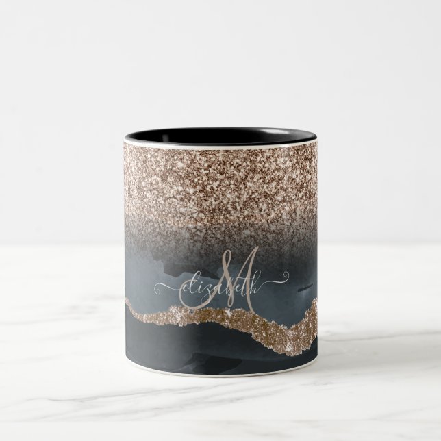 Modern Glitter Marble Monogram Two-Tone Coffee Mug (Center)