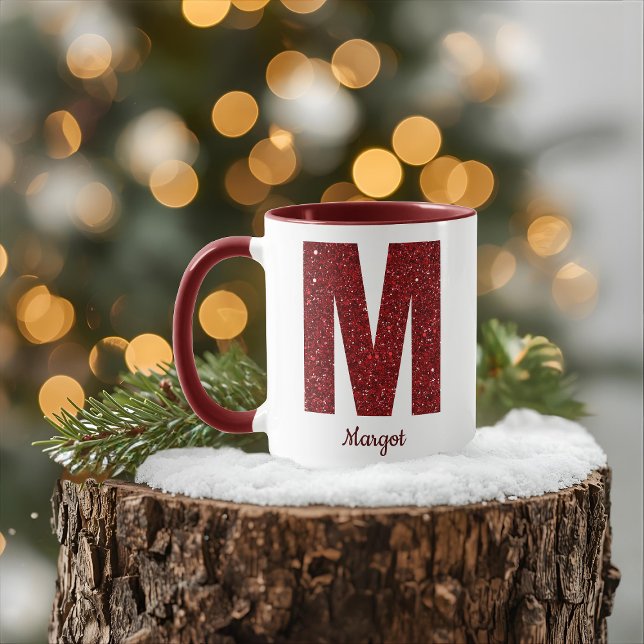 Modern Glitter Monogram M Mug with Name (Creator Uploaded)