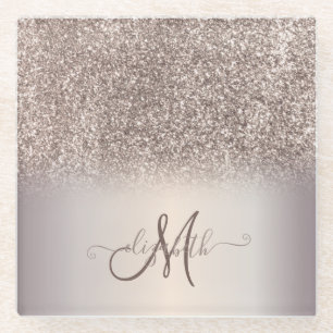 Modern Glitter Ombre Cool Monogram  Glass Coaster