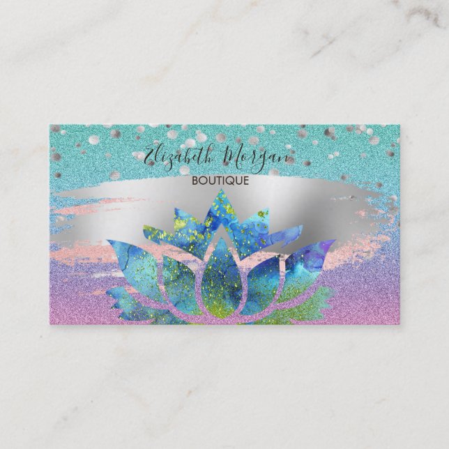 Modern Glitter Ombre, Gold Confetti, Brush Lotus Business Card (Front)