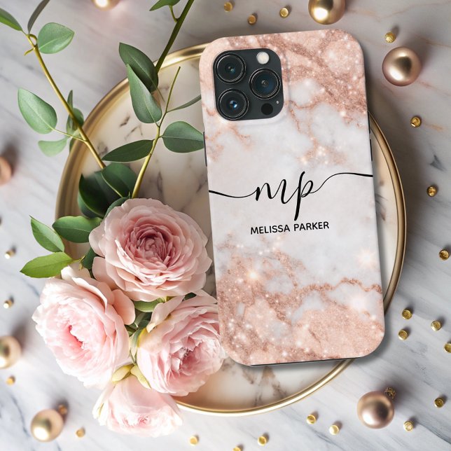 Modern Glitter Ombre Marble Chic Monogrammed  Case-Mate iPhone Case (Creator Uploaded)