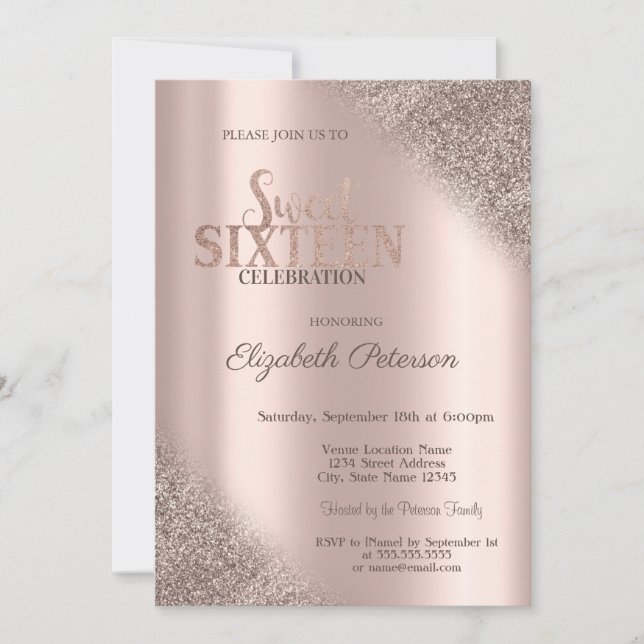 Modern Glitter Ombre Rose Gold  Sweet 16 Invitation (Front)