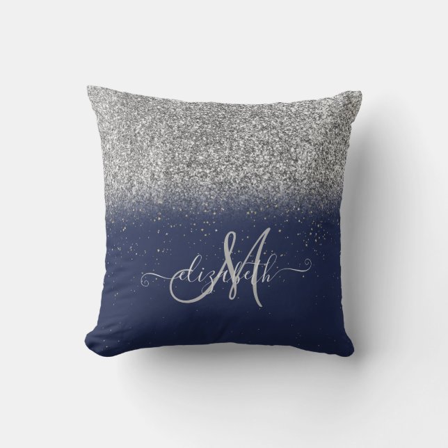 Modern Glitter Ombre Silver Monogram Navy Blue Cushion (Front)