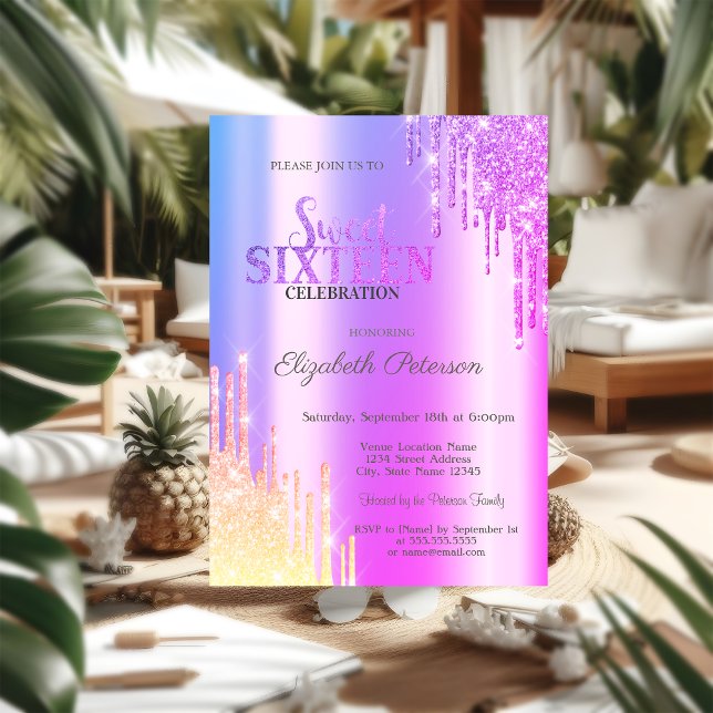 Modern Glitter Ombre Violet Drips Sweet 16 Invitation (Creator Uploaded)
