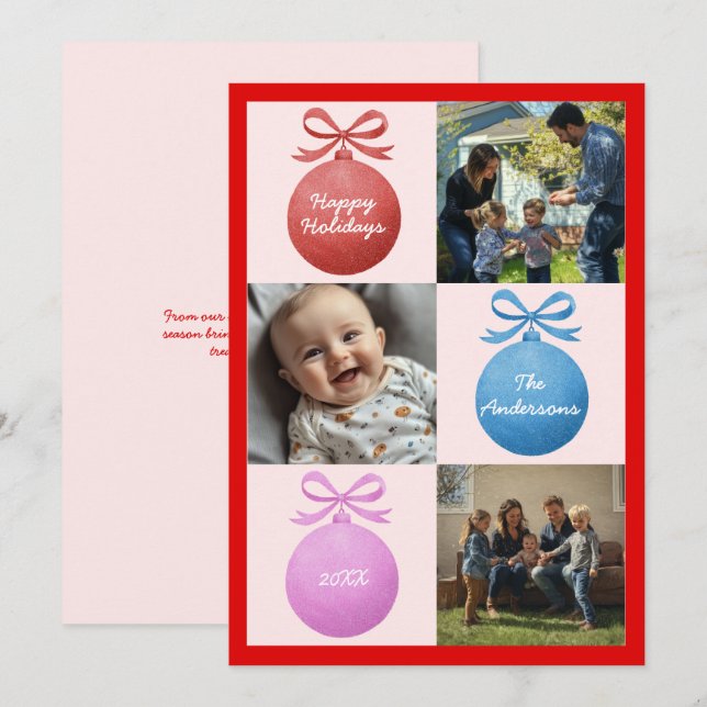 Modern Glitter Ornament Family Photo Collage Holiday Card (Front/Back)