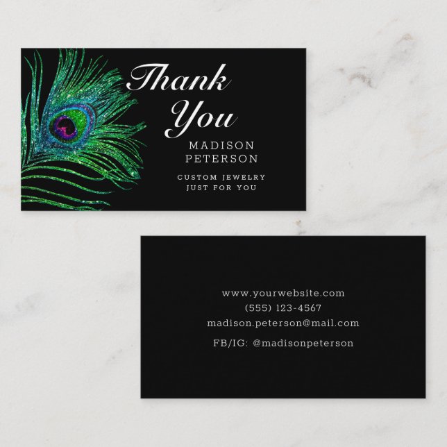 Modern Glitter Peacock Feather Boho Jewellery Business Card (Front/Back)