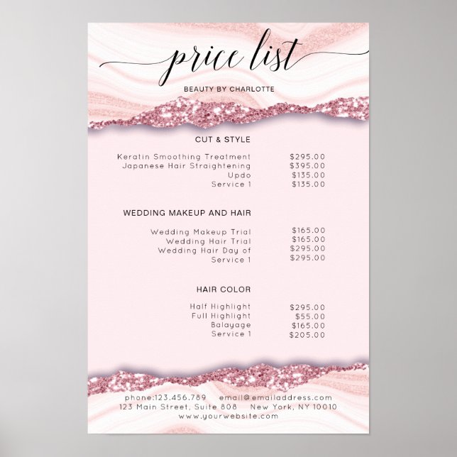 Modern, glitter, pink price list Poster (Front)