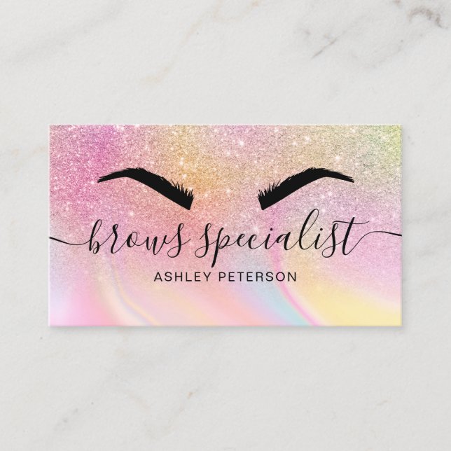 Modern glitter pink rainbow unicorn marble brows business card (Front)