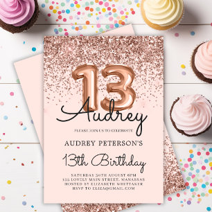 Modern Glitter Rose Gold Balloon 13th Birthday Invitation