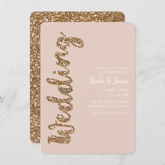 Modern Glitter Rose Gold Blush Glam Wedding Invitation (Front/Back)