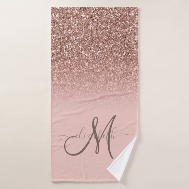 Modern Glitter Sequin Ombre Rose Gold Monogram Bath Towel Set (Bath Towel)