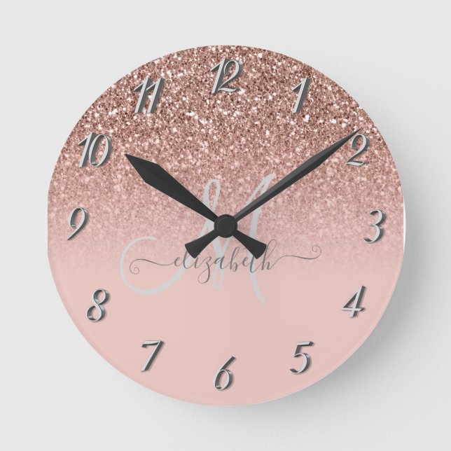 Modern Glitter Sequin Ombre Rose Gold Monogram Round Clock (Front)