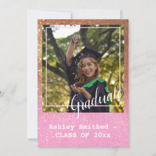Modern Glitter Sparkle Photo Graduation Pink Invitation
