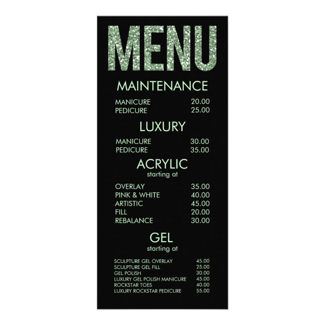 Modern Glitter Typography Salon Menu Cards (Front)