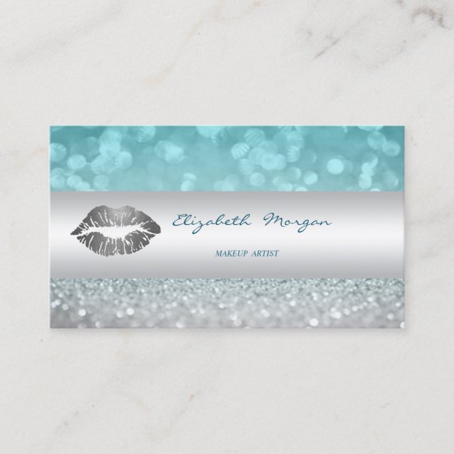 Modern Glittery Bokeh, Silver Lips Business Card (Front)