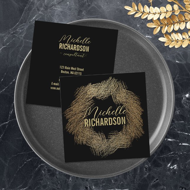 Modern Glittery Gold Brush Strokes Circle On Black Square Business Card (Creator Uploaded)