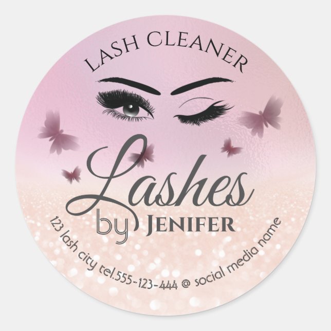 Modern glittery wink lash extension lash cleaner c classic round sticker (Front)