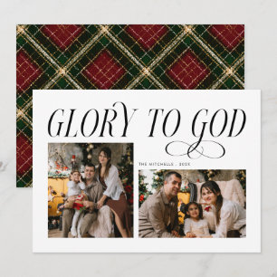 Modern Glory to God  2 Photo Tartan Pattern Holiday Card