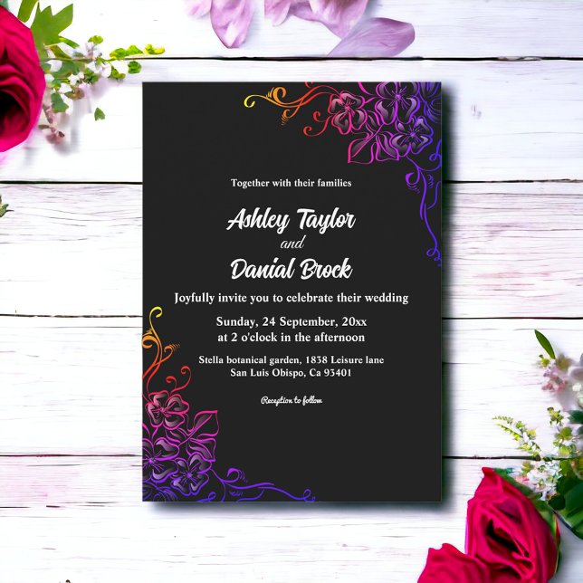 Modern Glow Neon Colours Roses Chic Floral Wedding Invitation (Creator Uploaded)