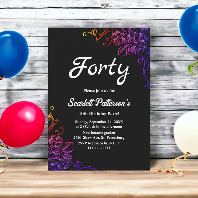 Modern Glow Neon Colours Roses Floral 40th Birthda Invitation (Creator Uploaded)
