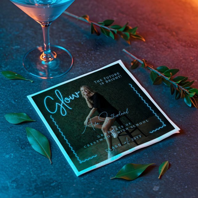 Modern Glow Script Blue Neon Wavy Graduate Photo Napkin (Modern Glow Script Blue Neon Wavy Graduate Photo Napkins)
