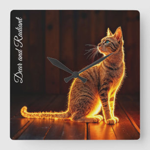 Modern glow tabby cat blue eyes fantasy art square wall clock