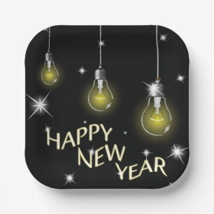 Modern Glowing Light Bulbs Happy New Year Paper Plate