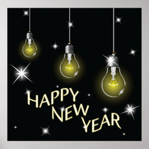 Modern Glowing Light Bulbs Happy New Year Poster